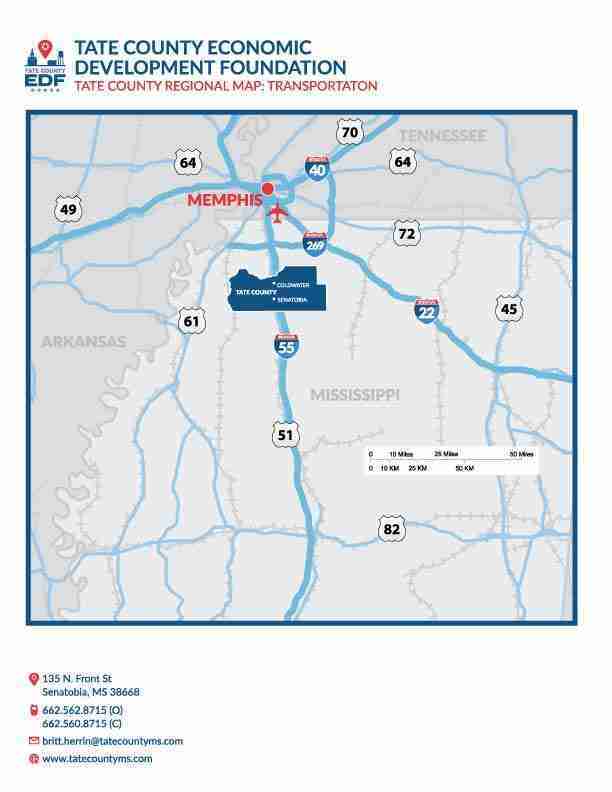 Tate County Mississippi Transportation Map showing highways and rail lines